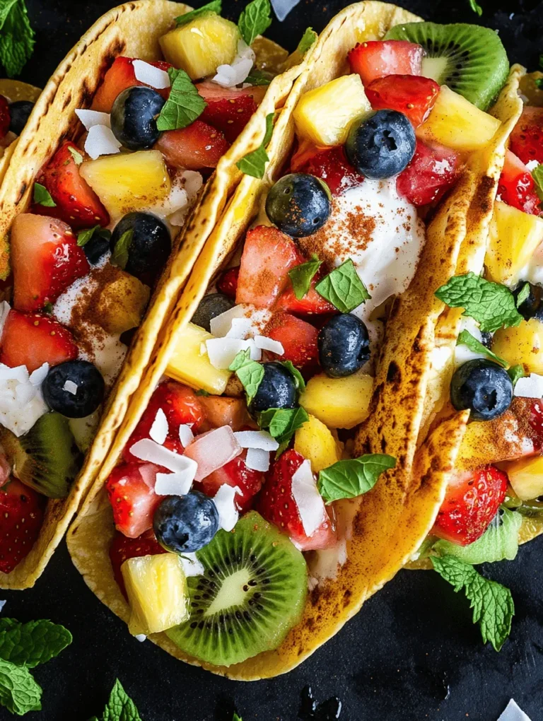 The foundation of any taco is the tortilla, and in this recipe, soft corn tortillas are the star. Not only do they have a delightful texture, but they also add a subtle corn flavor that pairs beautifully with fresh fruits. For those with gluten sensitivities, corn tortillas are naturally gluten-free, making them an excellent option. If you're looking for alternatives, consider using whole wheat tortillas or even lettuce wraps for a low-carb option.