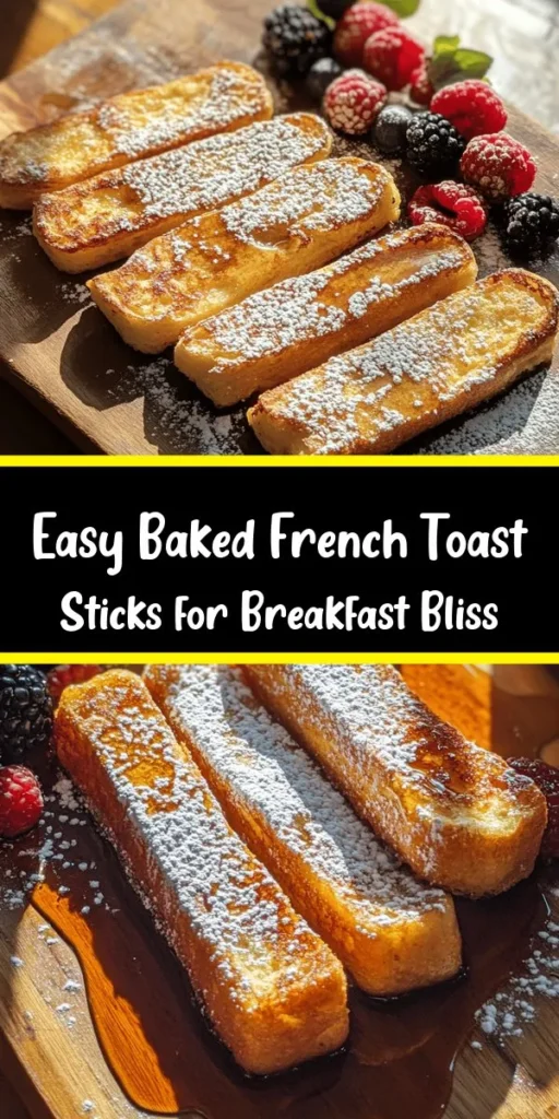 Indulge in a delightful breakfast with these easy baked French toast sticks! Made with thick slices of challah or brioche, they’re dipped in a creamy egg mixture, baked to perfection, and ready in just 30 minutes. Serve them warm with your favorite toppings like maple syrup, fresh berries, or whipped cream for a scrumptious treat. Perfect for busy mornings or a weekend brunch, these French toast sticks are sure to please the whole family!