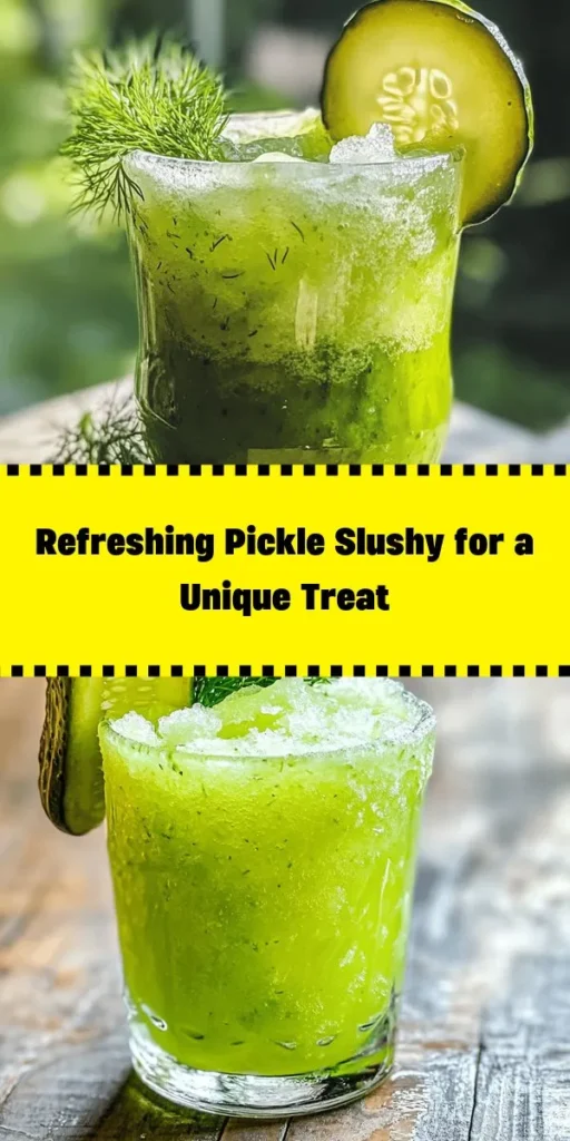 Beat the heat with this refreshing Pickle Slushy Delight! Made with just a few simple ingredients like dill pickle juice, ice, and a splash of lemon, this unique slushy packs a flavorful punch. Perfect for hot summer days, it's a fun twist on traditional slushies. Just blend, adjust to your taste, and garnish with dill flowers or pickle slices for an extra kick. Ready in just 5 minutes, it's a delightful treat you won't want to miss!
