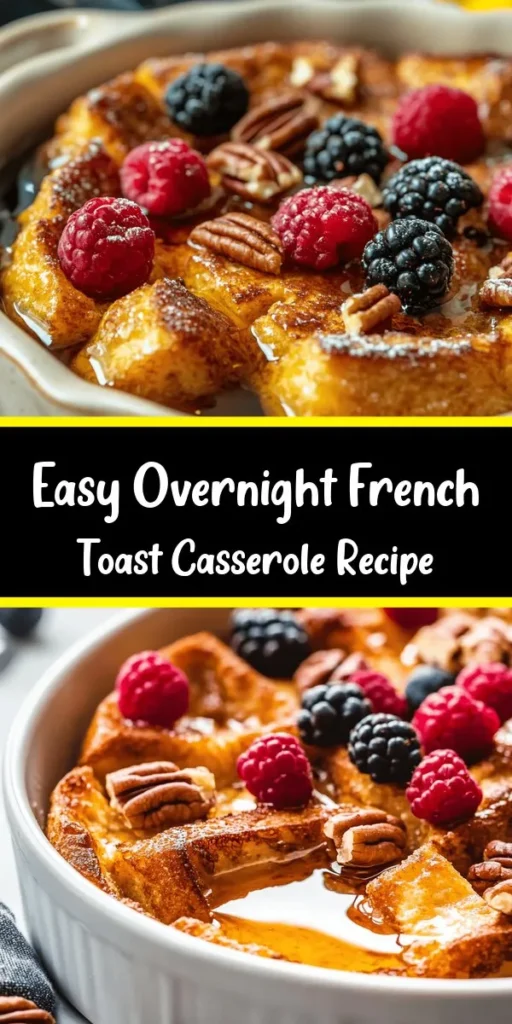 Indulge in a delightful Overnight French Toast Casserole that's perfect for breakfast or brunch! This rich and creamy dish features cubed brioche or challah bread soaked in a mixture of eggs, milk, and spices, all topped with maple syrup and optional nuts. Simply prepare it the night before, let it soak, and bake it in the morning for a golden, fluffy treat. Serve with fresh berries and extra syrup for an unforgettable start to your day! Perfect for gatherings too!