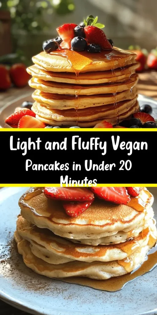 Get ready to flip up some joy with these fluffy vegan pancakes! Made with simple ingredients like flour, non-dairy milk, and baking powder, this delightful recipe is perfect for breakfast or brunch. In just 20 minutes, you can create light and airy pancakes that are customizable with your favorite toppings, from fresh fruits to maple syrup. Enjoy a delicious, plant-based treat that everyone will love! Perfect for any day of the week!