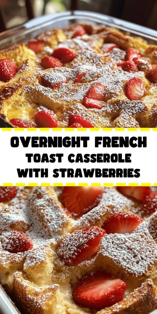 Treat yourself to a delicious Overnight French Toast Casserole that's perfect for brunch or a family gathering! This easy recipe features fluffy brioche bread soaked in a creamy egg mixture, enhanced with the sweet flavors of vanilla and cinnamon. Add fresh strawberries for a fruity touch and optional nuts for crunch. Just prep the night before, bake in the morning, and serve warm with maple syrup. Enjoy this scrumptious start to your day!