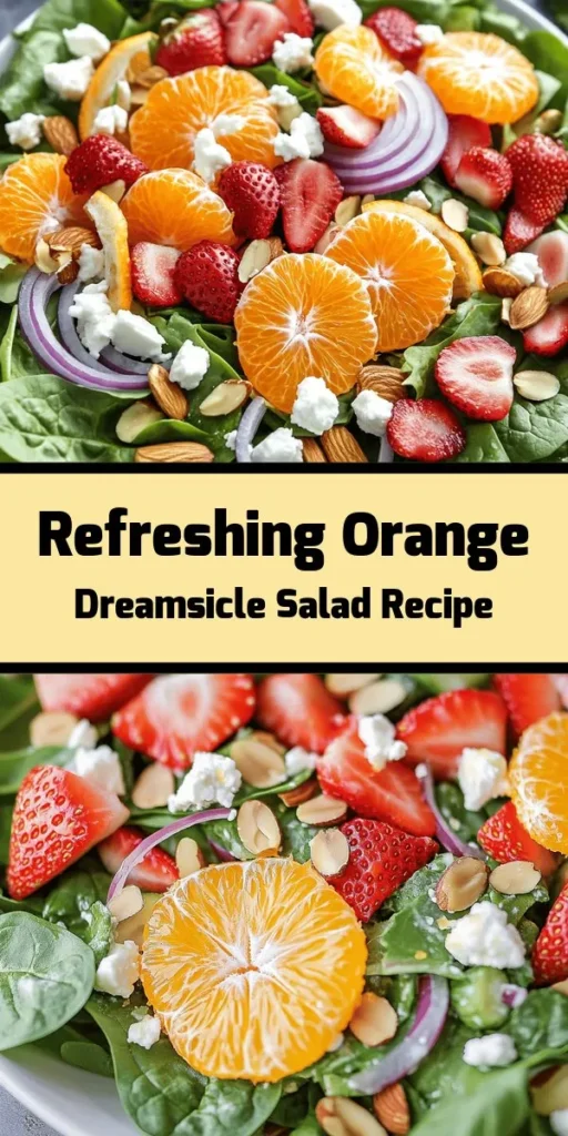 Brighten up your meal with this refreshing Orange Dreamsicle Salad! Packed with mixed greens, juicy oranges, sweet strawberries, and crunchy almonds, this salad is perfect for a light lunch or as a side dish. The creamy orange yogurt dressing adds a delightful twist that ties all the flavors together. Ready in just 20 minutes, it's both quick and delicious. Try it out for a burst of summer freshness any time of year!