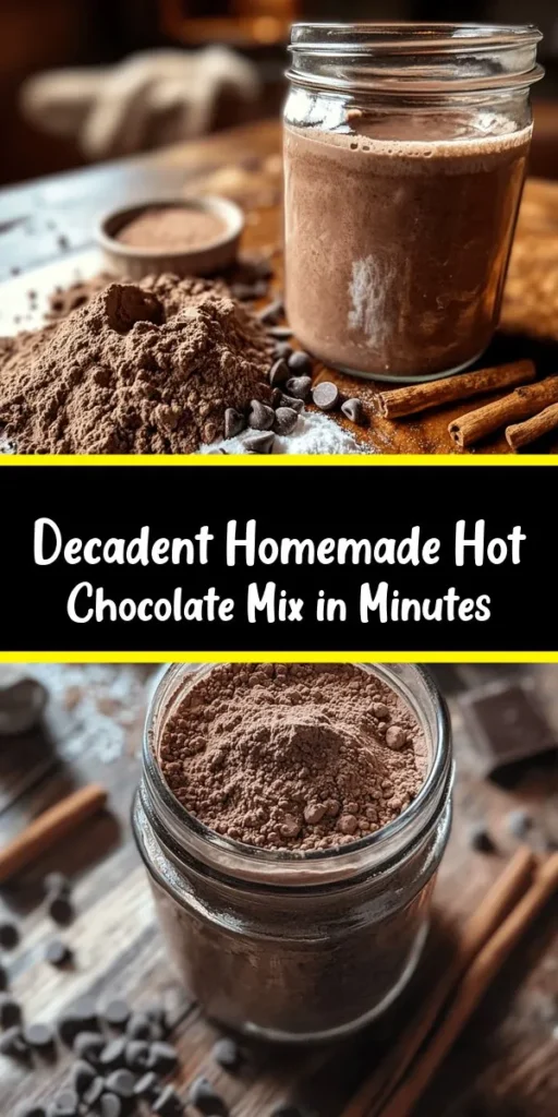 Indulge in the ultimate comfort drink with this Decadent Homemade Hot Chocolate Mix! Perfect for cozy nights, this easy recipe combines unsweetened cocoa powder, powdered sugar, and chocolate chips for a rich flavor. Just mix the ingredients, store them in an airtight jar, and enjoy a warm cup by adding hot water or milk. Top with whipped cream or marshmallows for an extra treat. You'll savor every sip of this delicious homemade goodness!