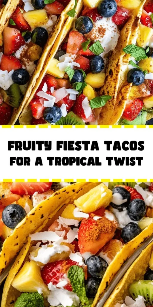 Get ready for a burst of flavor with these Fruity Fiesta Tacos! Perfect for a fun snack or a refreshing dessert, these colorful tacos are loaded with fresh pineapple, strawberries, kiwi, banana, and blueberries, drizzled with honey and lime for an extra zing. Top them off with creamy Greek yogurt and a sprinkle of shredded coconut for a tropical twist. Quick and easy to make, they take only 15 minutes to prepare. Enjoy this delightful treat that's sure to impress!