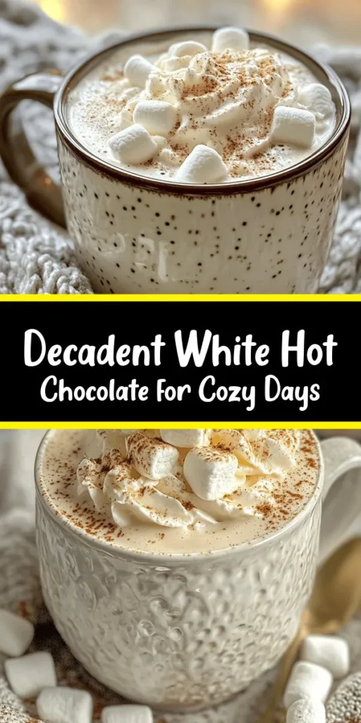 Warm up with this heavenly white hot chocolate that’s perfect for chilly days! Made with creamy whole milk, rich heavy cream, and luxurious white chocolate, it’s a delightful treat that you can whip up in just 15 minutes. Top it with fluffy whipped cream, mini marshmallows, and a sprinkle of cinnamon or nutmeg for an extra cozy touch. Perfect for sharing with loved ones or indulging in a little self-care. Enjoy a cup of comfort today!