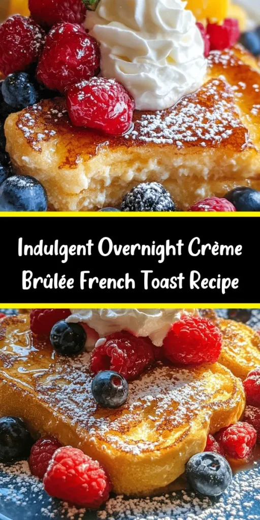 Elevate your breakfast with this Overnight Crème Brûlée French Toast recipe! This indulgent dish combines the rich flavors of custard-soaked French bread with a delightful caramelized sugar topping. Perfect for leisurely weekends or special occasions, it’s easy to prep the night before. Just slice the bread, mix up the custard, and let it chill overnight. Bake it in the morning for a deliciously crispy and creamy treat, garnished with fresh berries and whipped cream. A sweet start to your day awaits!