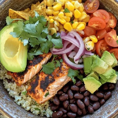 The Salmon Burrito Bowl Fiesta is a vibrant and nutritious dish that encapsulates the essence of a wholesome meal. It combines the rich flavors of fresh salmon with a medley of colorful vegetables and wholesome grains, creating a satisfying and health-conscious option for any time of day. This recipe appeals not only to those seeking a nutritious meal but also to anyone who enjoys exploring new culinary horizons. Whether you’re a busy professional looking for a quick lunch or a family member in need of a colorful dinner that pleases everyone at the table, the Salmon Burrito Bowl Fiesta fits the bill perfectly.