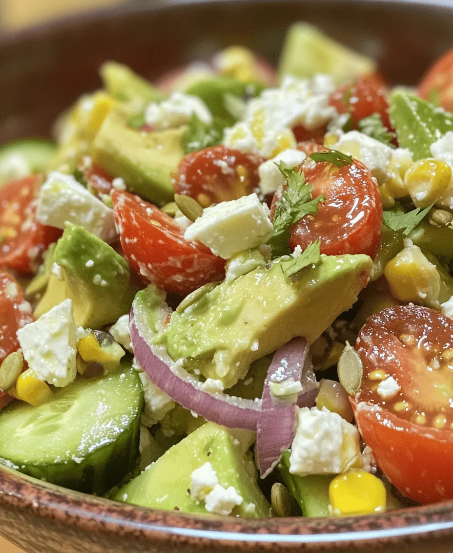 Avocados are the heart of this salad, offering a plethora of health benefits. Rich in heart-healthy monounsaturated fats, they help improve cholesterol levels and support overall cardiovascular health. Additionally, avocados are a great source of dietary fiber, which aids in digestion and helps keep you feeling full longer. Packed with vitamins such as E, K, and several B vitamins, avocados also provide essential nutrients that promote healthy skin, hair, and eyes. Their creamy texture adds a luxurious element to the salad, making it both satisfying and indulgent.