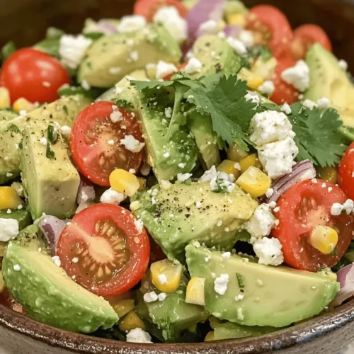 Avocados are the heart of this salad, offering a plethora of health benefits. Rich in heart-healthy monounsaturated fats, they help improve cholesterol levels and support overall cardiovascular health. Additionally, avocados are a great source of dietary fiber, which aids in digestion and helps keep you feeling full longer. Packed with vitamins such as E, K, and several B vitamins, avocados also provide essential nutrients that promote healthy skin, hair, and eyes. Their creamy texture adds a luxurious element to the salad, making it both satisfying and indulgent.