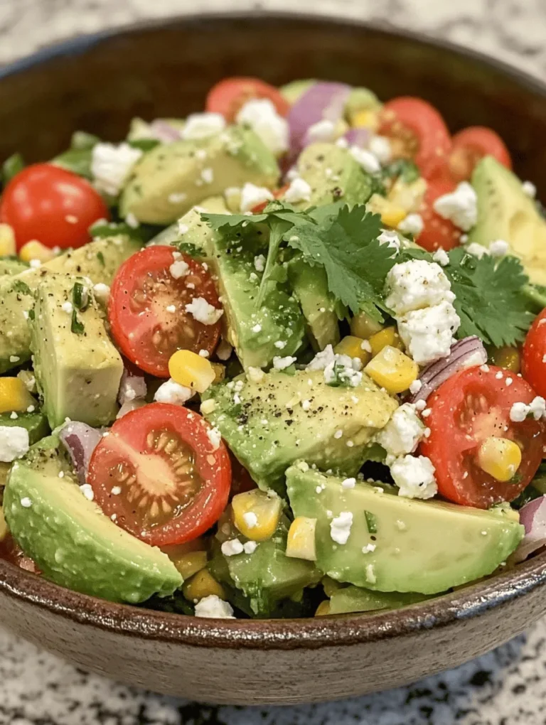 Avocados are the heart of this salad, offering a plethora of health benefits. Rich in heart-healthy monounsaturated fats, they help improve cholesterol levels and support overall cardiovascular health. Additionally, avocados are a great source of dietary fiber, which aids in digestion and helps keep you feeling full longer. Packed with vitamins such as E, K, and several B vitamins, avocados also provide essential nutrients that promote healthy skin, hair, and eyes. Their creamy texture adds a luxurious element to the salad, making it both satisfying and indulgent.