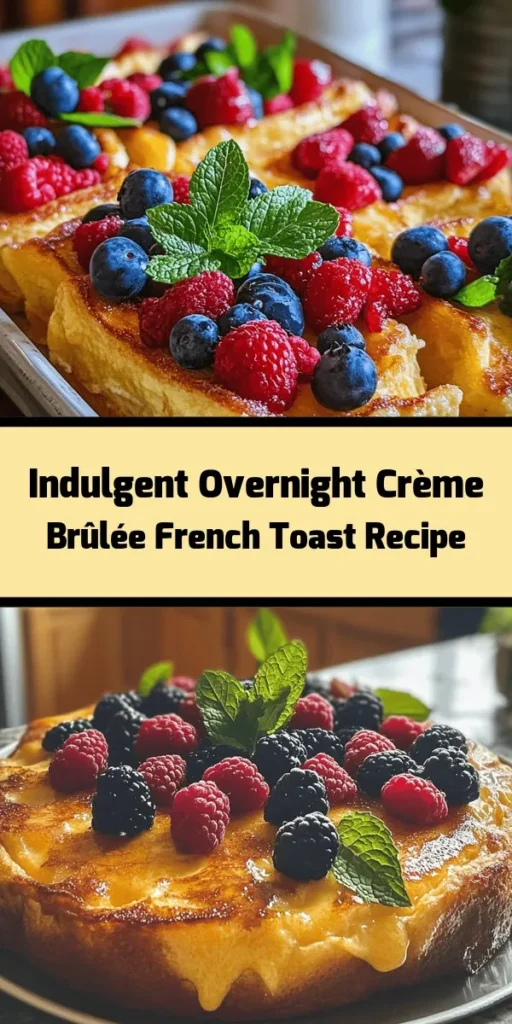 Indulge in a deliciously decadent breakfast with this Overnight Crème Brûlée French Toast recipe! Made with thick slices of challah soaked in a rich custard of eggs, milk, cream, and sugar, it’s a treat that’s easy to prepare the night before. Simply bake it in the morning and finish with a perfectly caramelized sugar topping for that classic brûlée crunch. Serve with fresh berries and mint for a touch of elegance. Your family will love this luxurious start to the day!