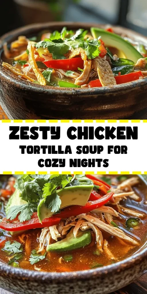 Warm up with this deliciously zesty Chicken Tortilla Soup! This flavorful recipe combines tender shredded chicken, fresh veggies, and a kick of spices for a comforting meal. In just 40 minutes, you'll have a hearty bowl of soup, complete with lime juice, toppings like avocado, cilantro, and crunchy tortilla strips. Perfect for cozy nights or sharing with friends and family. Dive into this easy recipe for a burst of warmth and flavor!