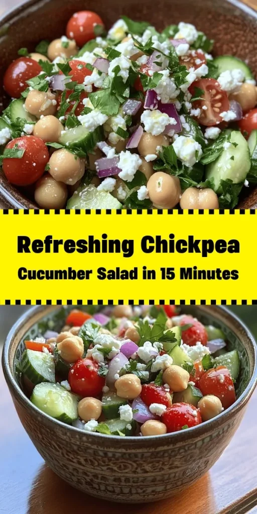 Looking for a quick and nutritious dish? Try this Crisp & Refreshing Chickpea Cucumber Salad! Packed with protein from chickpeas and bursting with vibrant flavors from fresh cucumbers, juicy cherry tomatoes, and tangy feta, this salad is perfect for any occasion. Simply mix the ingredients, whip up a light dressing of olive oil and lemon juice, and let the flavors come together. Ready in just 15 minutes, it's a deliciously healthy choice!
