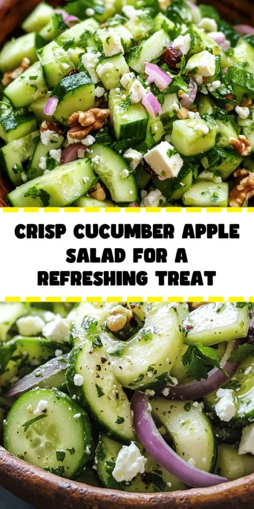 Try this refreshing Crunchy Cucumber and Apple Salad for a light and delicious side! With thinly sliced cucumbers and crisp green apples, this salad is packed with textures and flavors. Toss in red onion, walnuts, and cranberries for extra crunch and sweetness. Drizzled with a zesty lemon olive oil dressing and finished with fresh cilantro and optional feta, it's perfect for summer gatherings or a quick lunch. Enjoy this healthy and vibrant dish in just 15 minutes!