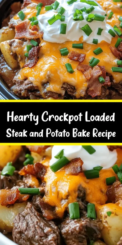 Satisfy your cravings with this amazing Crockpot Loaded Steak and Potato Bake! This hearty dish combines tender flank steak and perfectly cooked russet potatoes, all simmered together with flavorful garlic and onion, creating a comforting meal that's easy to make. Top it off with gooey cheddar cheese, creamy sour cream, and crispy bacon bits. It's perfect for dinner or meal prep, and sure to impress. Enjoy with garnished chives or green onions for that extra touch!
