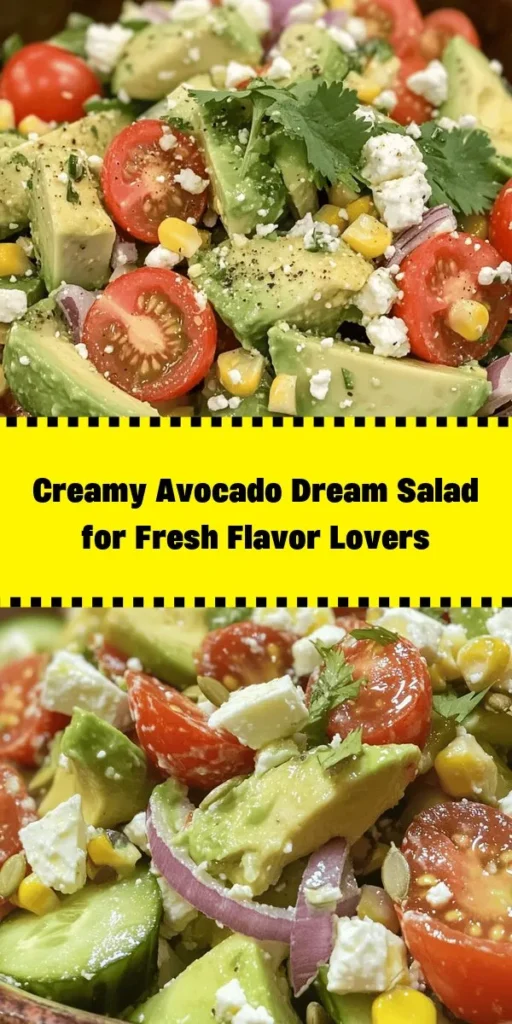Dive into a refreshing Avocado Lover’s Dream Salad that’s perfect for any occasion! This vibrant mix of ripe avocados, cherry tomatoes, cucumber, and red onion is topped with sweet corn and fresh cilantro for a burst of flavor. Drizzled with a light lime dressing, this salad offers a delightful crunch from pumpkin or sunflower seeds and optional feta cheese. Quick to prepare in just 15 minutes, it serves 4-6 and is a must-try for avocado enthusiasts! Enjoy this healthy and delicious dish any day of the week.
