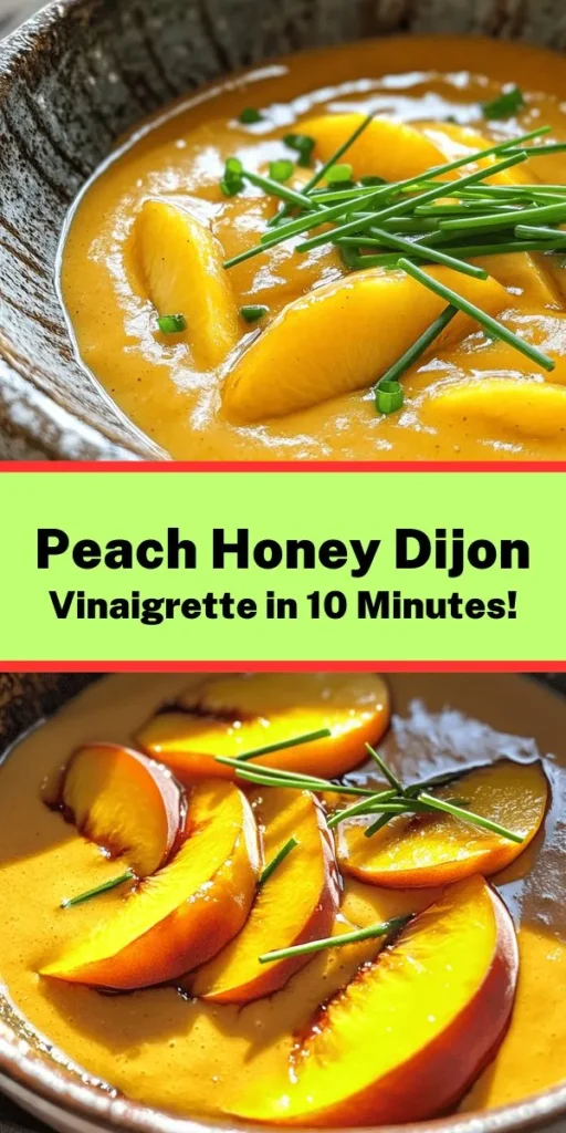 Elevate your salads with this delightful Peach Honey Dijon Balsamic Vinaigrette! Quick and easy to make, this dressing combines the sweetness of ripe peaches with the tanginess of Dijon mustard and balsamic vinegar, creating a creamy, flavorful addition to any dish. Perfect for summer salads, it’s ready in just 10 minutes. Serve it topped with fresh peach slices and chives for an extra pop of flavor. Enjoy the taste of summer with every bite!