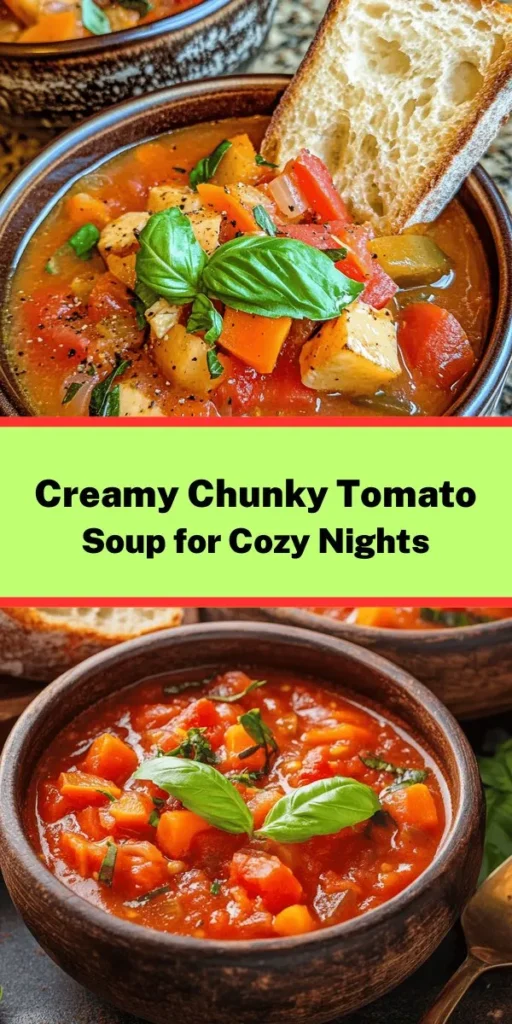 Warm up with this creamy chunky tomato soup delight that's packed with flavor! Perfect for cozy evenings, this easy recipe combines ripe tomatoes, fresh veggies, and a hint of aromatic herbs. With a choice of heavy or coconut cream, it's a comforting dish for everyone. Enjoy it with crusty bread or a classic grilled cheese. Dive into a bowl of deliciousness that’s as nourishing as it is satisfying! Great for sharing with family and friends.