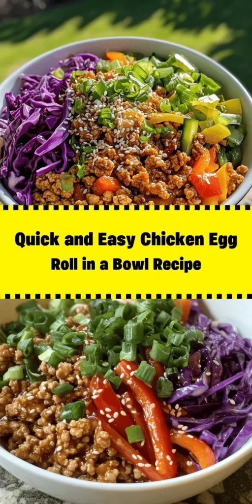 Looking for a quick and delicious meal? Try this Chicken Egg Roll in a Bowl! It’s packed with flavor, featuring ground chicken sautéed with fresh ginger and garlic, combined with a colorful mix of coleslaw and bell peppers. Ready in just 20 minutes, it’s perfect for busy weeknights. Drizzle with soy sauce, add a sprinkle of sesame seeds, and enjoy a nutritious dish that’s as satisfying as a traditional egg roll but a whole lot easier!