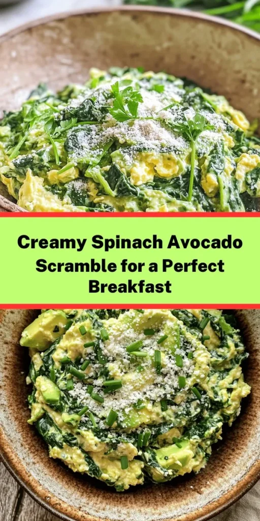 Start your morning right with this delicious Creamy Spinach & Avocado Scramble! This easy recipe features fluffy eggs whisked with milk, fresh spinach, and creamy avocado for a nutritious breakfast. Ready in just 15 minutes, it’s perfect for busy mornings. Enhance the flavor with a sprinkle of Parmesan cheese and fresh herbs. Whip it up for two servings and enjoy a delightful, filling meal that’s both healthy and satisfying!