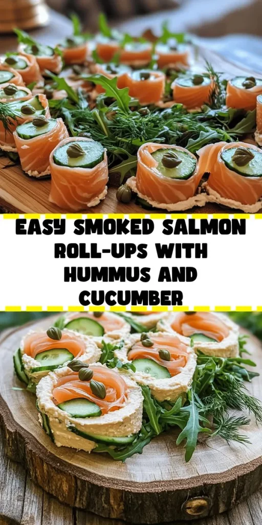Looking for a quick and delicious snack? Try these savory smoked salmon roll-ups with cucumber and hummus! This easy recipe combines thinly sliced smoked salmon, fresh cucumber strips, and a creamy hummus mixture with dill and garlic. Perfect as an appetizer or light meal, they’re tasty and healthy! Just roll, chill, and serve with capers and arugula for a delightful presentation. Ideal for gatherings or a nutritious lunch option!