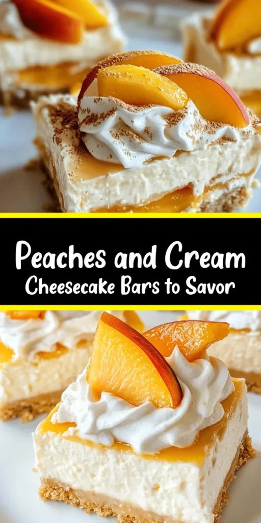 Indulge in these delicious Peaches and Cream Cheesecake Bars that are perfect for summer gatherings! With a buttery graham cracker crust, creamy peach-infused cheesecake filling, and a luscious whipped cream topping, each bite is a fruity delight. Easy to make and even easier to enjoy, these bars are best chilled, making them a refreshing treat. Don’t forget to garnish with fresh peach slices for that extra touch. Perfect for sharing with friends and family!