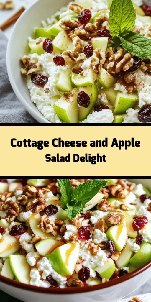 Discover a refreshing Cottage Cheese and Apple Salad that's perfect for any meal! This simple recipe combines creamy cottage cheese with diced Granny Smith or Honeycrisp apples, crunchy walnuts, and sweet dried cranberries for a burst of flavor. Drizzled with a honey or maple syrup dressing and a hint of lemon juice, it's a nutritious treat that takes just 15 minutes to prep. Chill it for extra flavor and serve it with fresh mint for a delightful finish. Enjoy this easy, healthy salad as a snack or side!