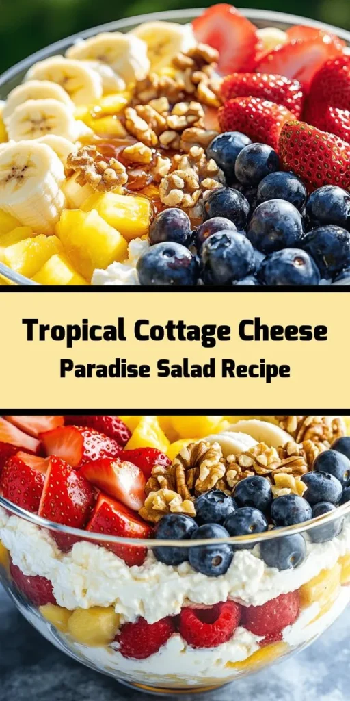 Brighten your day with this Cottage Cheese Paradise Salad! Perfect for breakfast, a refreshing snack, or a healthy dessert, this delightful mix features creamy cottage cheese paired with juicy strawberries, pineapple, banana, and blueberries. A drizzle of honey or maple syrup adds the perfect touch of sweetness, while walnuts or pecans give it a satisfying crunch. Enjoy it fresh or let the flavors meld in the fridge for an even tastier treat!