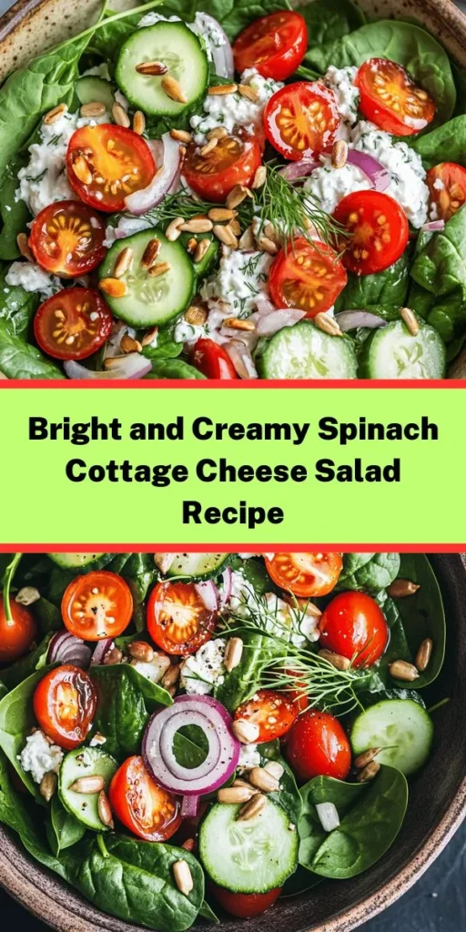 Discover a fresh and creamy delight with this Cottage Cheese & Spinach salad! Packed with nutrient-rich spinach, juicy cherry tomatoes, and crunchy sunflower seeds, this dish is sure to satisfy your cravings. Toss your veggies in a tangy dressing of olive oil, apple cider vinegar, and Dijon mustard for an added zing. Perfect as a light lunch or a side dish, this salad is quick to make and packed with flavor. Enjoy a healthy, delicious meal in just 15 minutes!