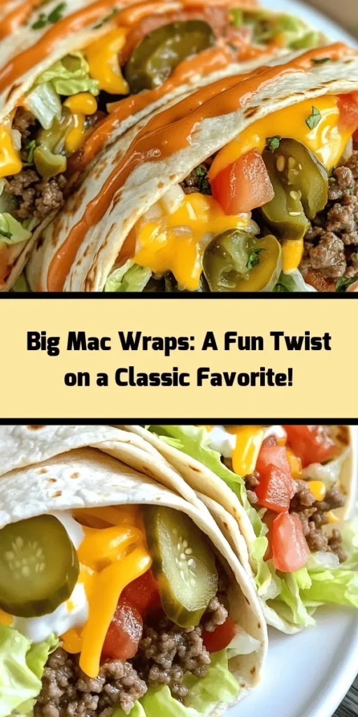 Get ready to enjoy a fun twist on a classic favorite with these Big Mac Wraps! Perfect for a quick lunch or dinner, these wraps feature seasoned ground beef, fresh lettuce, tomatoes, pickles, and a creamy homemade Big Mac sauce all wrapped up in a soft tortilla. They’re easy to make, customizable, and can even be grilled for that crispy touch. Serve them with extra sauce for dipping and make your meal feel like a treat!