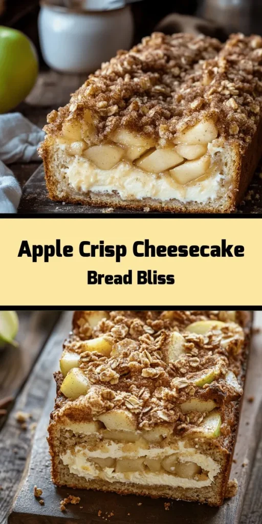 Indulge in a delightful twist on classic flavors with this Apple Crisp Cheesecake Bread! With layers of creamy cheesecake, sweet cinnamon apples, and a crumbly oat topping, each slice is a delicious treat. Perfect for breakfast, dessert, or a cozy snack! This easy recipe combines the warmth of homemade bread with the richness of cheesecake. Try it today to impress your family and friends! Ideal for gatherings or a sweet personal indulgence.