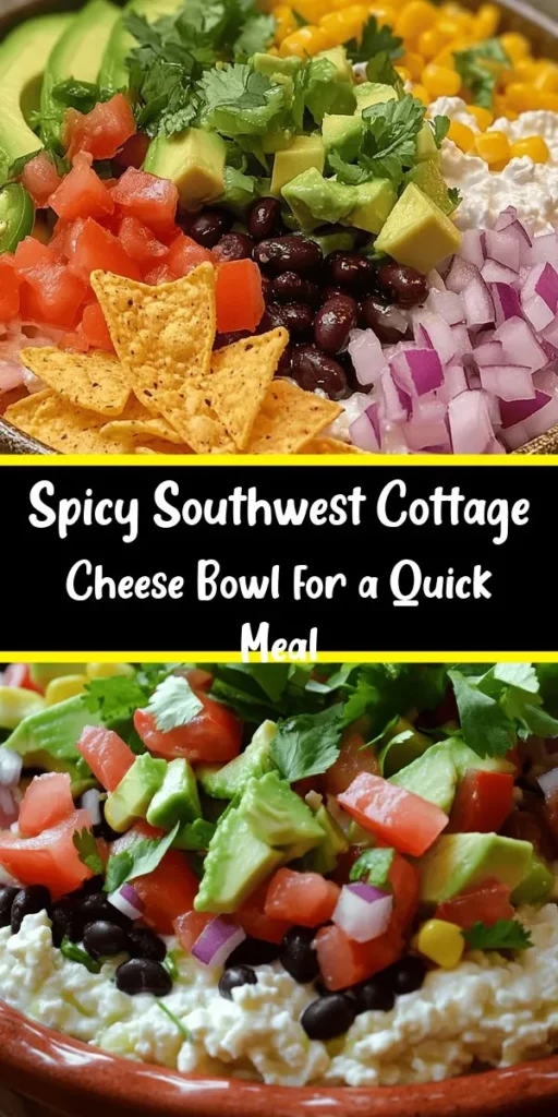 Discover the vibrant flavors of our Southwest Cottage Cheese Bowl! Packed with protein and fresh ingredients, this quick and easy recipe combines creamy cottage cheese with black beans, corn, ripe avocado, and colorful veggies. Toss it all with a zesty lime and spice dressing for a delicious meal in just 10 minutes. Perfect as a healthy lunch or a satisfying snack. Customize it with your favorite toppings like jalapeños or tortilla chips for extra crunch!