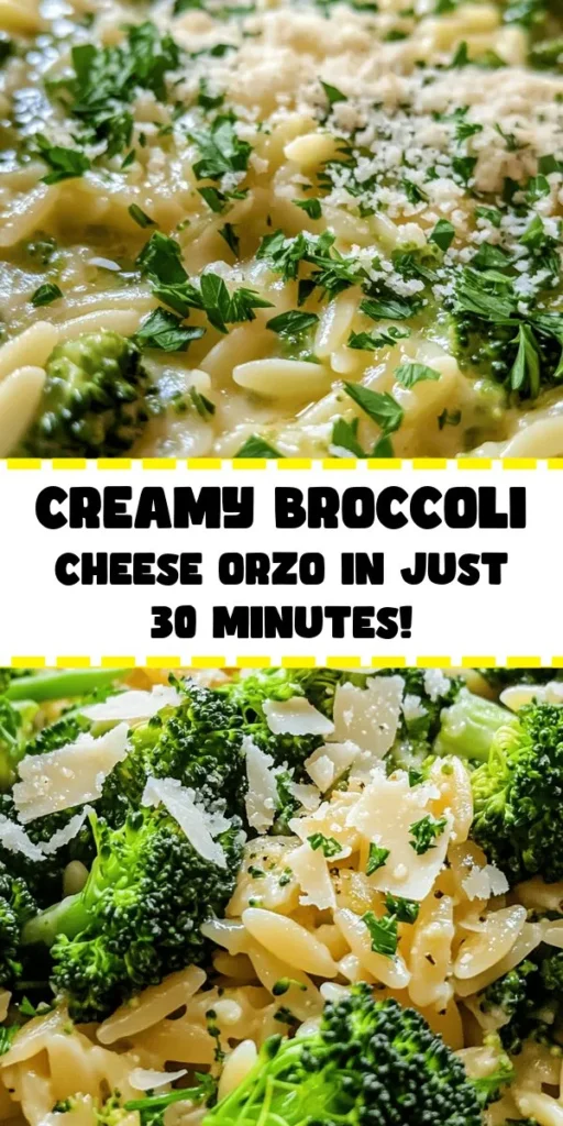 Discover the creamy goodness of Broccoli Cheese Orzo Delight! This easy recipe combines tender orzo pasta with fresh broccoli, sautéed garlic, and a rich cheese sauce made from cheddar and milk. Finished with a sprinkle of Parmesan and fresh parsley, it’s perfect for a weeknight dinner or a cozy gathering. In just 30 minutes, you can whip up this delicious, comforting dish that everyone will love. Enjoy a healthy twist on classic comfort food!