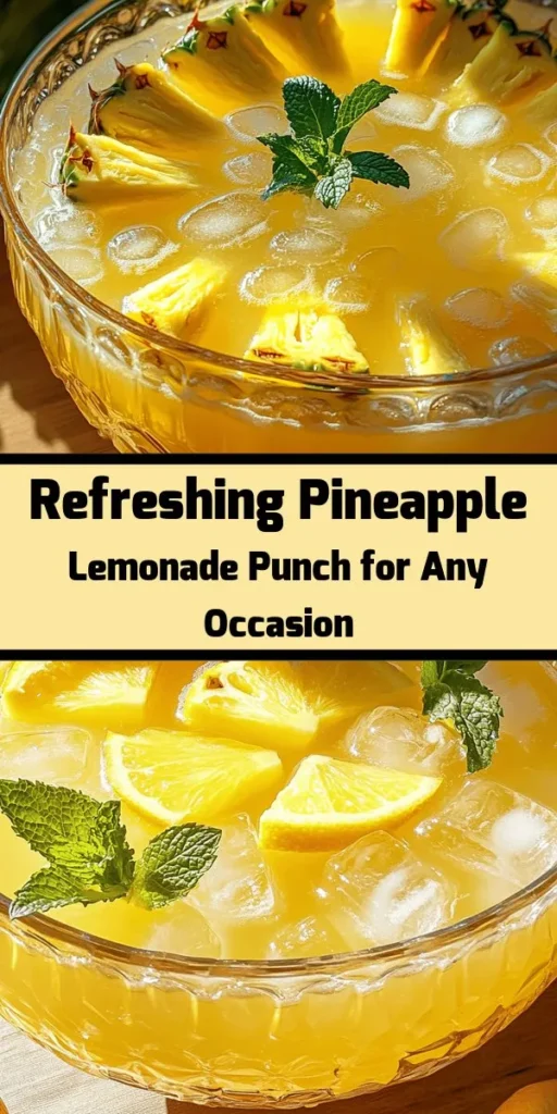 Refresh your gatherings with this delicious Pineapple Lemonade Punch! Perfect for summer parties or cozy get-togethers, this easy recipe combines fresh pineapple juice and zesty lemon juice for a vibrant drink. Just mix in simple syrup and sparkling water for a fizzy finish, and garnish with slices of lemon, pineapple, and fresh mint. Want to make it an adult beverage? Add vodka or rum for a spirited twist! Serve it over ice and enjoy!