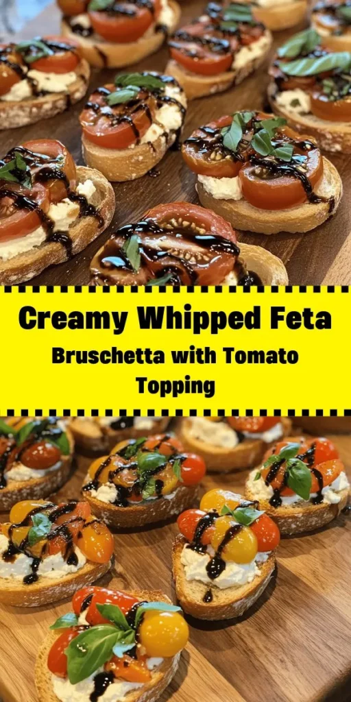 Elevate your appetizer game with this delicious Whipped Feta Bruschetta! Creamy and tangy whipped feta mixed with flavorful cherry tomatoes creates a perfect bite when served on crispy toasted baguette slices. Simple to make in just 25 minutes, this dish is not only visually appealing but packed with flavor. Drizzle with balsamic glaze and garnish with fresh basil for a stunning presentation that will impress your guests. Perfect for gatherings or a cozy night in!