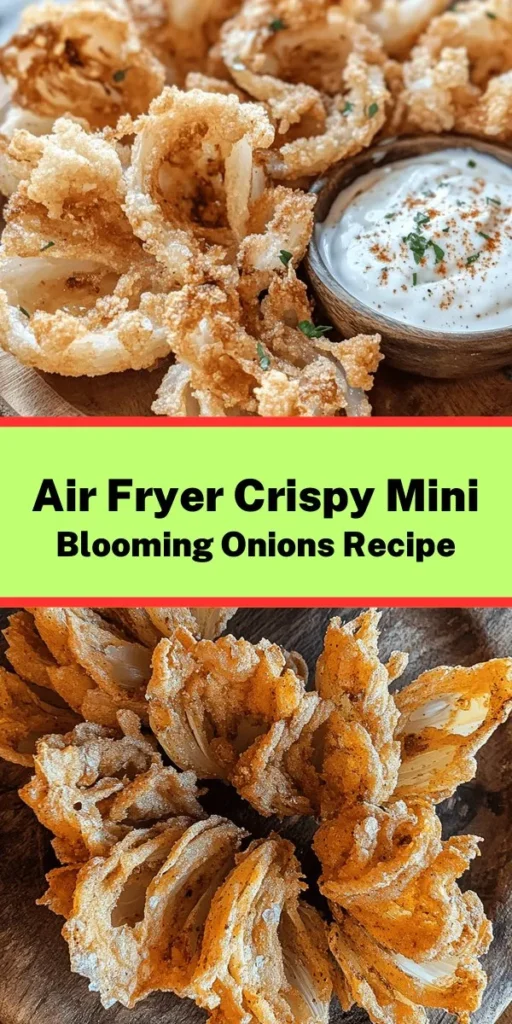 Discover the delight of crispy mini blooming onions made effortlessly in your air fryer! This fun appetizer features tender onions soaked in buttermilk, coated in a flavorful breading, and air-fried to golden perfection. With a touch of paprika and garlic, they pack a delicious crunch. Perfect for sharing, serve them hot with your favorite dipping sauce like ranch or spicy mayo. Easy to make and irresistible, they’re sure to be a hit at any gathering!