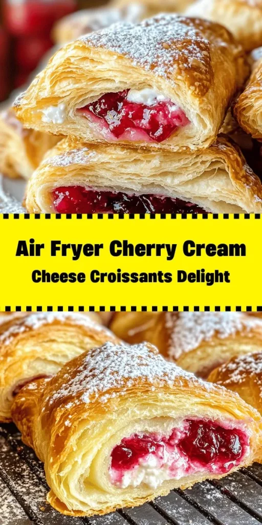 Indulge in these delightful Air Fryer Cherry Cream Cheese Croissants, a perfect treat for breakfast or a sweet snack! With a creamy filling made from softened cream cheese, cherry pie filling, and a hint of vanilla, each golden crescent roll is a burst of flavor. Easy to make in just 25 minutes, this recipe will impress your family and friends. Serve them warm and dusted with powdered sugar for that extra sweetness. Enjoy every bite!