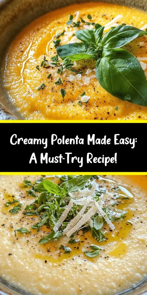 Discover the ultimate creamy polenta recipe that's perfect for any meal! Made with just a few simple ingredients, this dish is rich and comforting. Start by whisking coarse cornmeal into boiling water or broth, then let it simmer until thick. Finish with butter and Parmesan for extra flavor, and serve warm topped with fresh herbs and a drizzle of olive oil. It's delicious on its own or as a flavorful base for your favorite dishes. Perfect for family dinners or gatherings!
