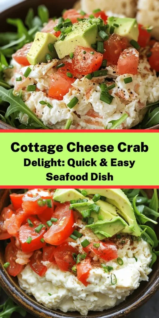 Whip up a refreshing Cottage Cheese Crab Delight in just 15 minutes! This easy recipe features creamy cottage cheese blended with succulent lump crab meat, zesty lemon juice, and a hint of Old Bay seasoning. Top with a colorful avocado and tomato mixture on a bed of fresh arugula or mixed greens. Perfect for a light lunch or a savory appetizer, and don’t forget crusty bread for that extra crunch! Enjoy this delightful seafood treat packed with flavor!