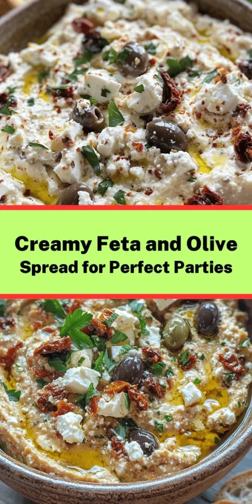 Whip up a delightful dip with this Creamy Feta & Olive Delight Spread! Combining creamy cheeses, zesty olives, and sun-dried tomatoes, it’s perfect for your next gathering. This savory spread requires just 15 minutes of prep and is best served chilled with crackers or fresh veggies. Ideal for any occasion, it’s a sure crowd-pleaser that brings rich Mediterranean flavors straight to your table. Try it today!