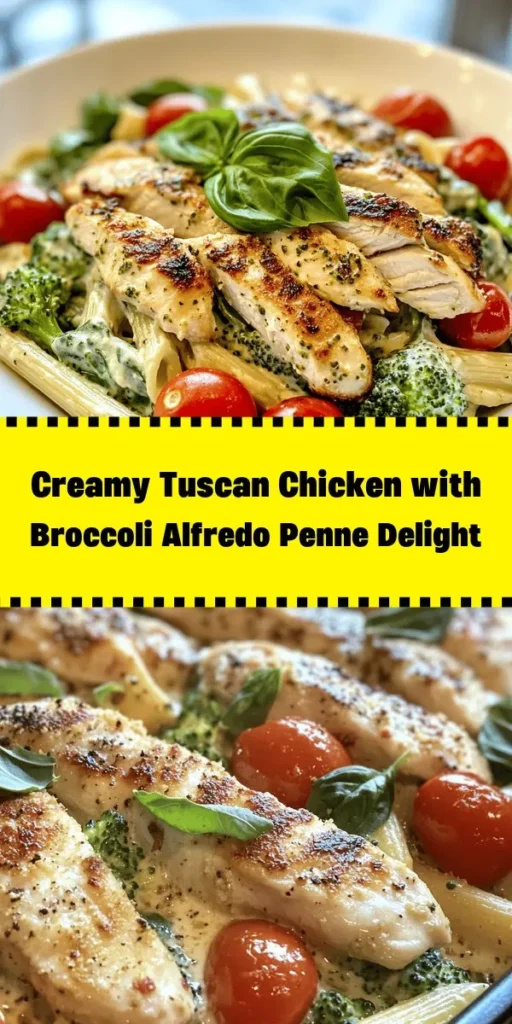 Indulge in a delicious Tuscan Chicken with Creamy Broccoli Alfredo Penne! This delightful dish features tender, seasoned chicken paired with vibrant cherry and sun-dried tomatoes, fresh spinach, and a rich Alfredo sauce. Served over penne pasta and broccoli, it's perfect for a comforting weeknight dinner. With simple ingredients and easy-to-follow steps, you'll have a mouthwatering meal ready in just 40 minutes. Enjoy every creamy bite!