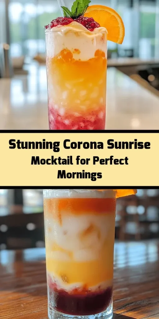 Brighten your morning with a stunning Corona Sunrise cocktail! This refreshing drink combines vibrant orange juice, tangy cranberry juice, and creamy coconut for a delightful treat. With just six simple ingredients, you can create a beautiful layered effect that mimics the breathtaking colors of a sunrise. Garnished with fresh orange and mint leaves, it's the perfect drink to sip and savor. Ideal for any occasion, this recipe takes only 10 minutes to prep. Cheers!