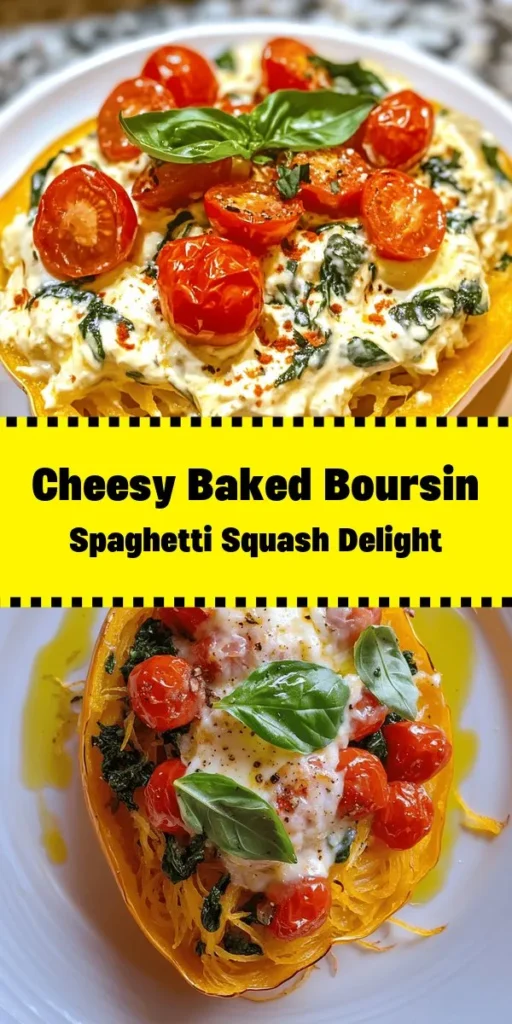 This Baked Boursin Spaghetti Squash recipe is a delicious and healthy twist on traditional pasta dishes. With creamy Boursin cheese, sweet cherry tomatoes, and fresh spinach, this meal is both satisfying and flavorful. Perfect for a cozy dinner or a meal prep option, it’s simple to make and ready in just 50 minutes. Serve it warm and garnish with fresh basil for an extra pop of flavor. Enjoy a guilt-free indulgence that everyone will love!