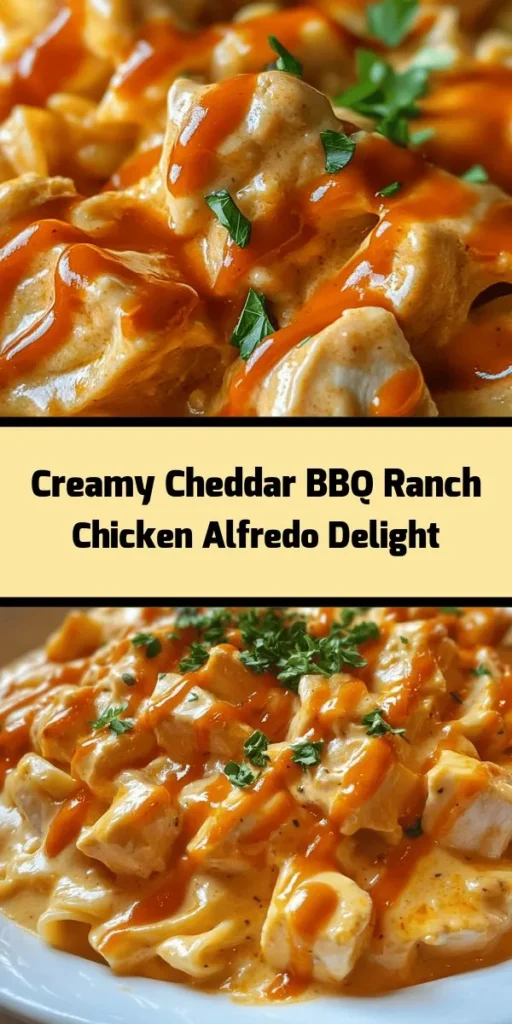 Indulge in a delicious twist on a classic with this Creamy Cheddar BBQ Ranch Chicken Alfredo! This recipe combines tender chicken, fettuccine pasta, and a rich sauce made with sharp cheddar, BBQ sauce, and ranch dressing. Perfect for a weeknight dinner or a gathering, it's quick to prepare at just 30 minutes. Garnish with fresh parsley and drizzle with extra BBQ sauce for a pop of flavor. Enjoy creamy comfort in every bite!