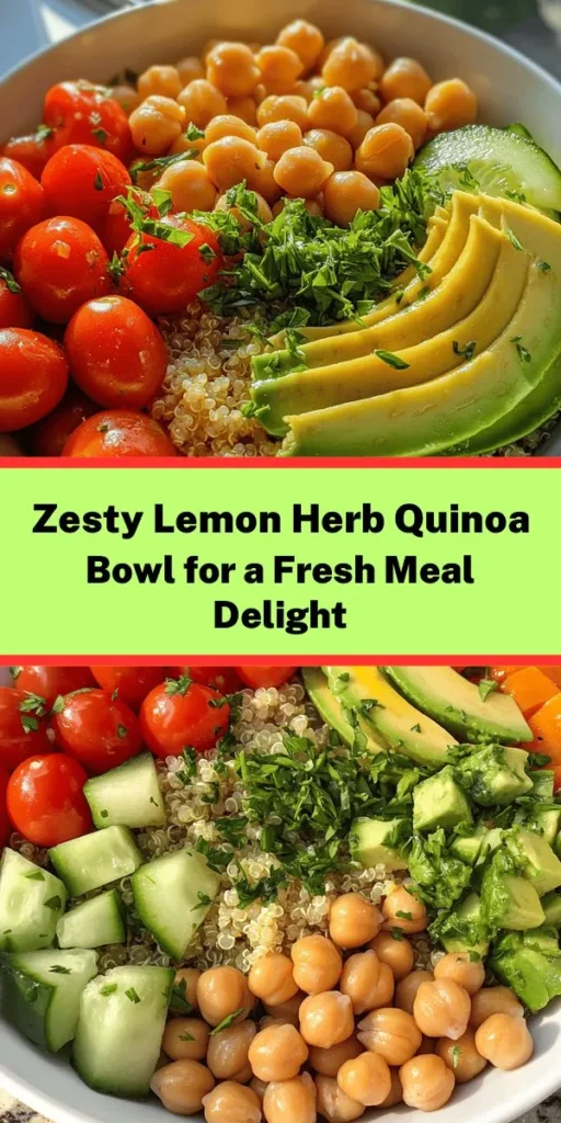 Fresh, vibrant, and packed with flavor, this Zesty Lemon Herb Quinoa Bowl is perfect for a healthy meal any time of day. With protein-rich quinoa, colorful veggies, and creamy avocado, it’s a nourishing delight. Toss everything together with a zesty lemon dressing for a refreshing twist. Ideal for meal prep, this bowl can be enjoyed right away or stored in the fridge for up to 3 days. Get ready to savor every bite!