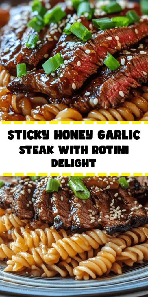 Indulge in this delicious Sticky Honey Garlic Steak and Rotini recipe! With tender flank steak marinated in a sweet honey-garlic sauce and paired with perfectly cooked rotini, this dish is bursting with flavor. It's easy to make and perfect for a weeknight dinner, ready in just 50 minutes. Garnish with fresh green onions and sesame seeds for an extra touch. Your family will love this delightful combination of sweet and savory!