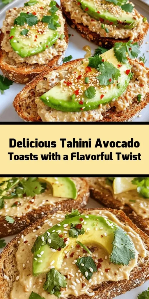 Discover a delicious twist on breakfast with these Tahini Toasts! Made with whole grain bread, creamy tahini mixed with honey or maple syrup, and topped with fresh avocado and herbs, this easy recipe is perfect for a snack, light lunch, or breakfast. With a hint of lemon, a touch of sea salt, and optional red pepper flakes for a kick, these toasts are both healthy and flavorful. Ready in just 15 minutes, they are sure to impress!