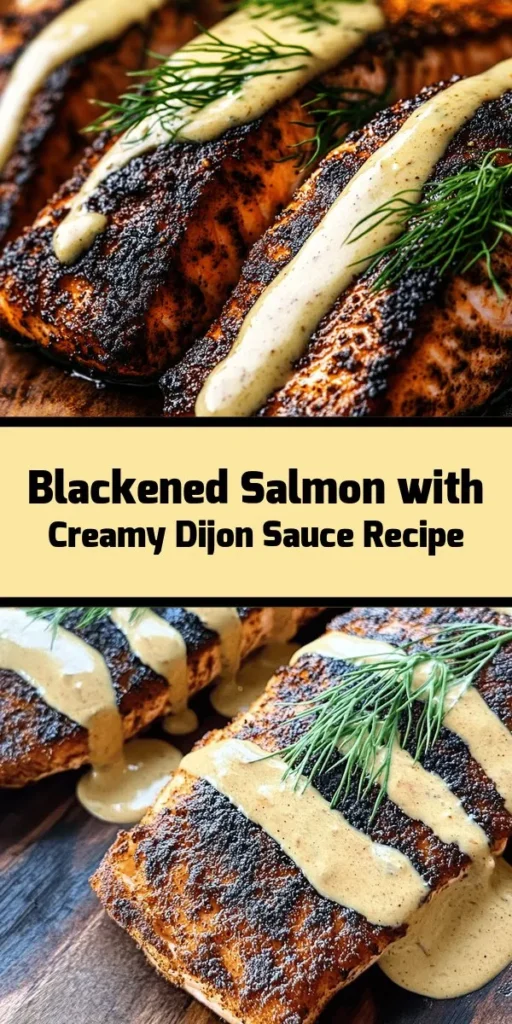 Indulge in this mouthwatering Sizzling Blackened Salmon with Creamy Dijon Delight! This easy recipe features succulent salmon fillets coated in a flavorful spice mix, perfectly pan-seared for a delicious char. Paired with a rich and creamy Dijon sauce, it's sure to impress at any dinner. With just 20 minutes of prep and cooking time, you can create a gourmet meal that your family and friends will love. Garnish with fresh dill for the perfect finishing touch!