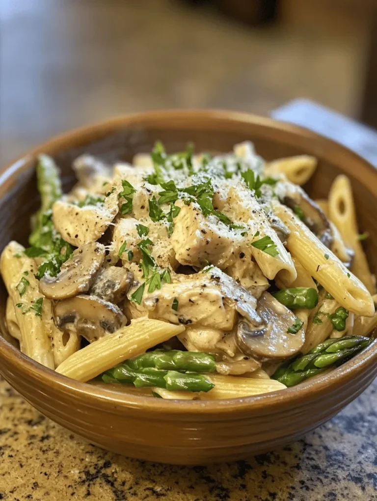 Welcome to the world of creamy indulgence with our Creamy Mushroom and Asparagus Chicken Penne! This dish is not just a meal; it’s a delightful escape into a comforting realm of flavors that combine the richness of cream, the earthiness of mushrooms, and the fresh crunch of asparagus. Perfectly cooked penne pasta serves as the canvas for this culinary masterpiece, making it an ideal choice for busy families, pasta enthusiasts, and home cooks seeking a quick yet satisfying weeknight dinner.